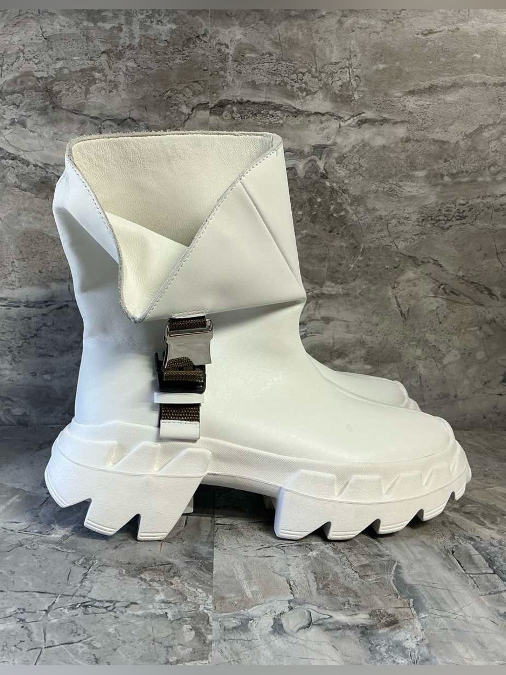 4CCCCEES White Leather Chunky Platform Ankle Boots Fold Over Buckle Women’s - Picture 7 of 10